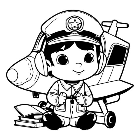 Cute little boy pilot with airplane and books. Vector illustrati