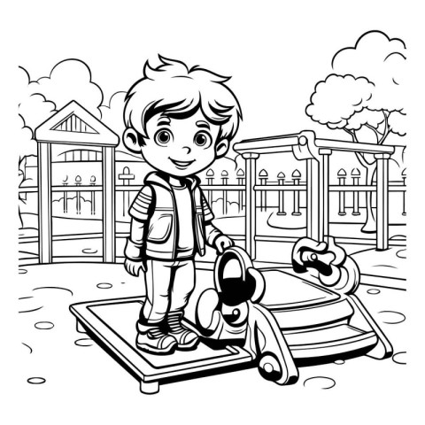 Black and White Cartoon Illustration of Kid Playing on Playgroun