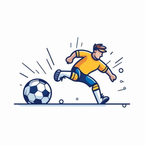 Soccer player kicking ball. Vector illustration in flat linear s