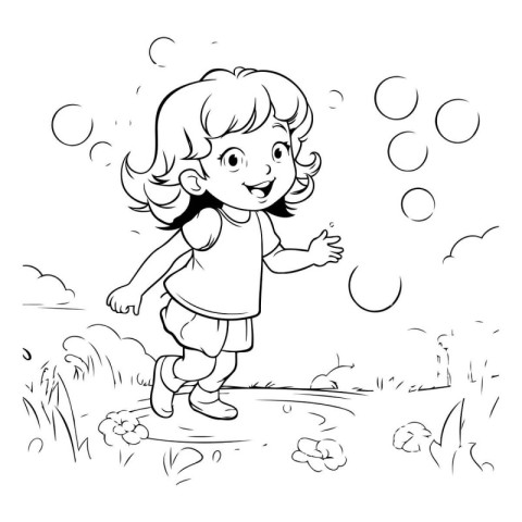 Cute little girl playing in the field. Vector illustration for c