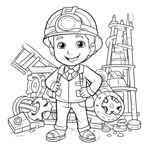 Coloring Page Outline Of a Kid Boy with a Construction Equipment