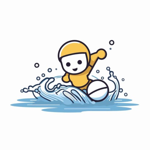 Cute cartoon boy playing rugby ball in water. Vector illustratio