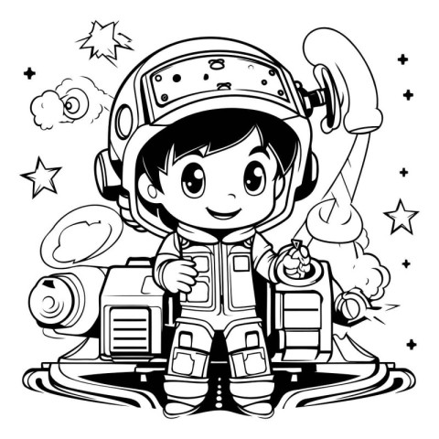 Black and White Cartoon Illustration of Kid Boy Astronaut Charac