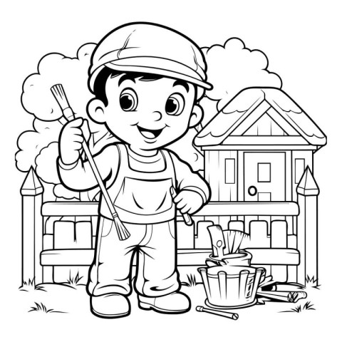 Black and White Cartoon Illustration of Cute Little Boy Painting