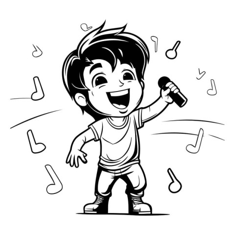 Cartoon boy singing karaoke with microphone. Vector illustration