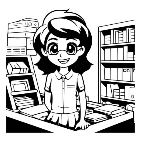 Girl with glasses in the library. black and white vector illustr