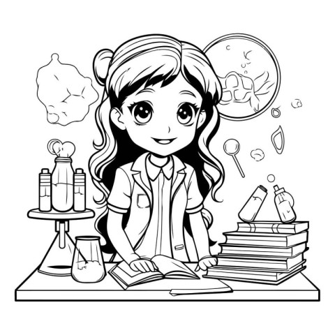 Cute little girl doing homework. Black and white vector illustra