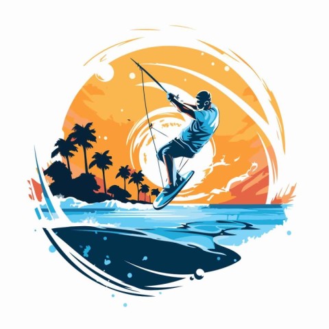 Kitesurfing. Silhouette of a surfer on the background of the sun