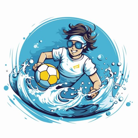 Vector illustration of a young man playing soccer on the surfboa