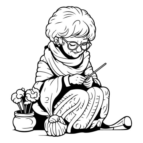 Elderly woman knitting. Black and white vector illustration for