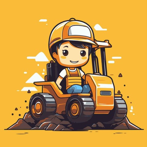 Cute little boy driving a bulldozer. Vector cartoon illustration