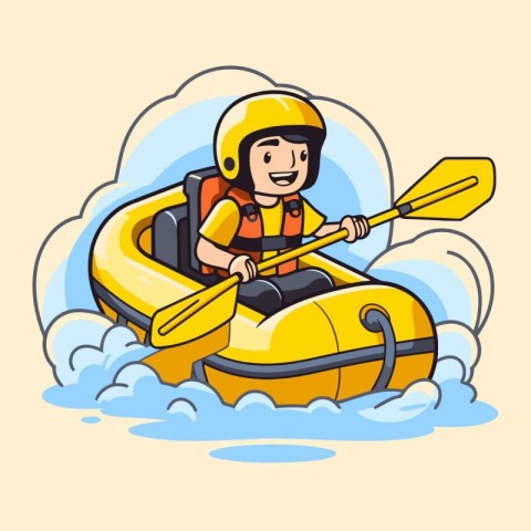 Cartoon illustration of a man paddling a yellow inflatable boat