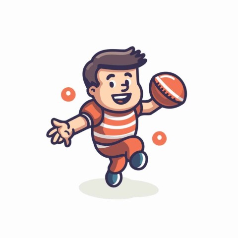 Cute cartoon rugby player running with ball. Colorful vector ill