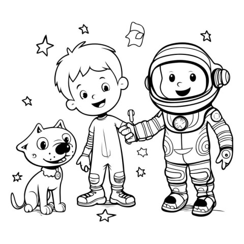 Vector illustration of a boy and a dog in space suit. Coloring b