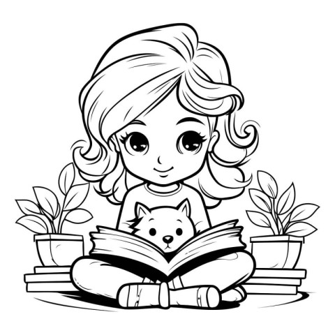 Cute little girl reading a book. Vector illustration for colorin