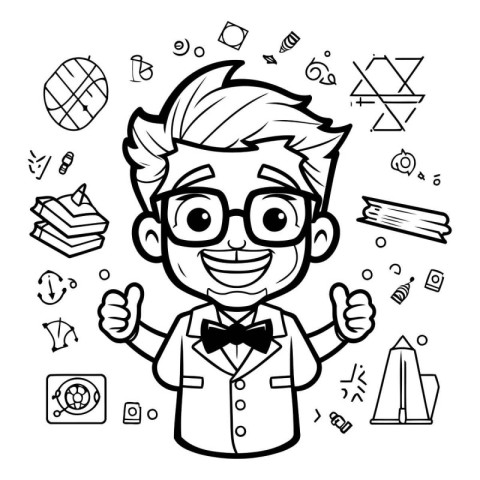 Vector illustration of a black and white teacher with various sc