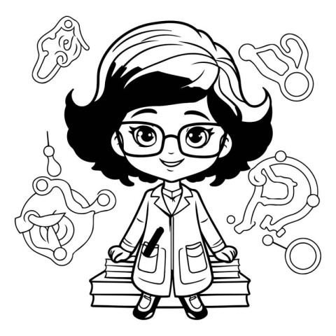 Black and White Cartoon Illustration of Cute Girl Student Studyi