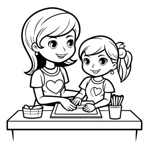 Mother and daughter doing homework together. Black and white vec