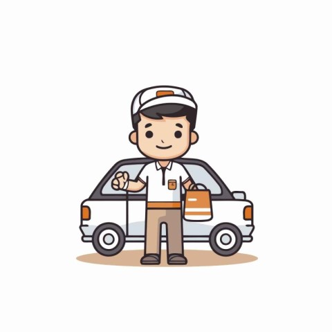 Courier with car. Vector illustration in cartoon style on white