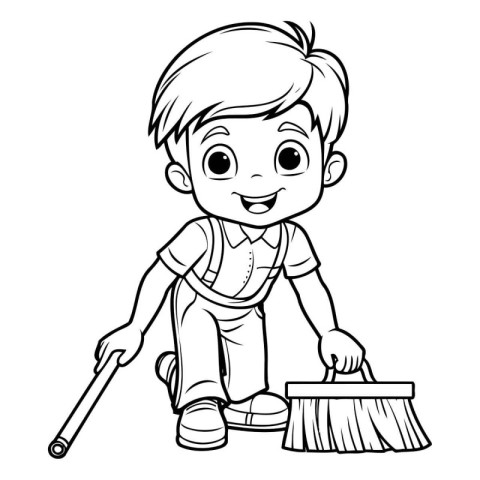 Cartoon boy sweeping floor with broom. Black and white vector il