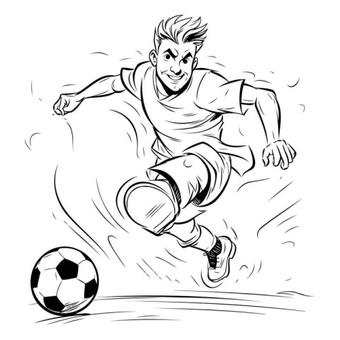 Soccer player kicking the ball. Black and white vector illustrat