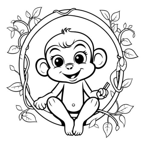 Cute baby monkey sitting on a branch with leaves. Vector illustr