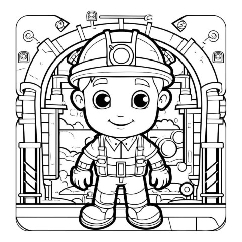 Black and White Cartoon Illustration of Little Fireman or Firema