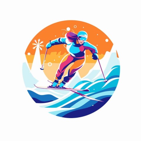 Female skier on a background of the sea. Vector illustration.