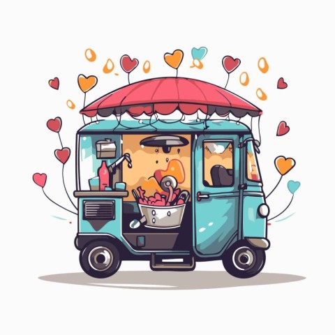 Food truck in the shape of a heart. Cartoon vector illustration.