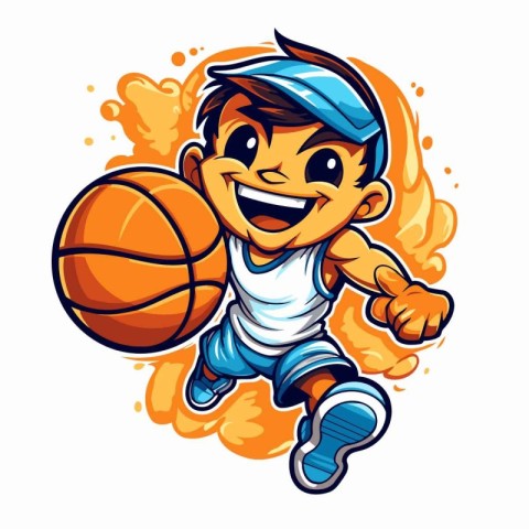 Illustration of a happy basketball player running with ball in h