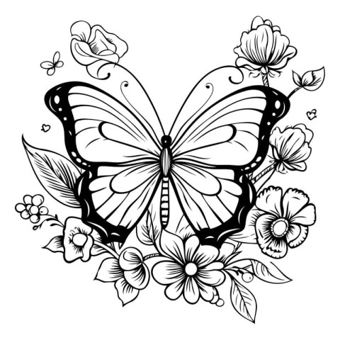 Butterfly and flowers. Vector illustration. Black and white.