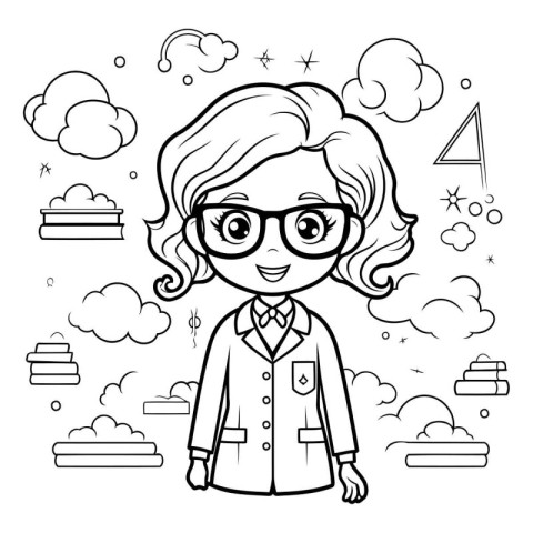 Coloring book for children: Girl in glasses and coat. Vector ill