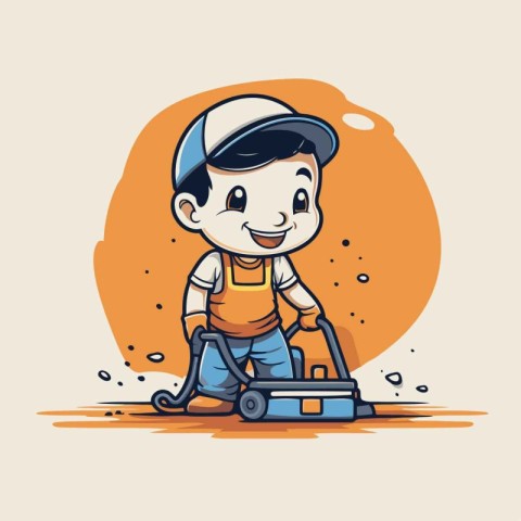 Cartoon boy playing with a toy scooter. Vector illustration.