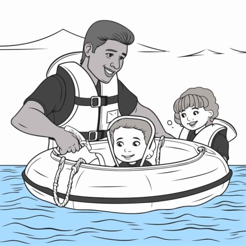 Father and children in inflatable boat. Vector illustration. Col