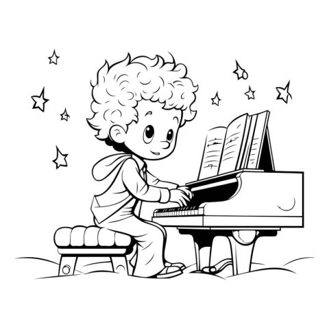 Little boy playing the piano. Black and white vector illustratio