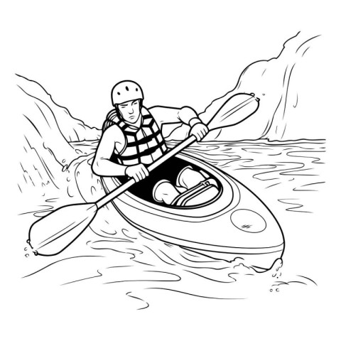 Man in a kayak on the river. Black and white vector illustration