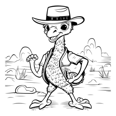 Ostrich Cowboy - Black and White Cartoon Illustration. Vector