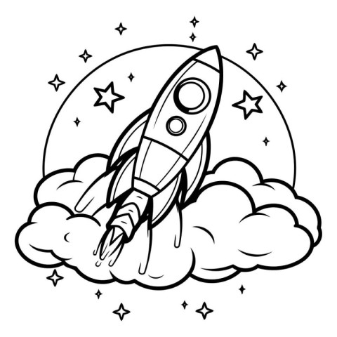 Coloring book for children: rocket in the clouds. Vector illustr