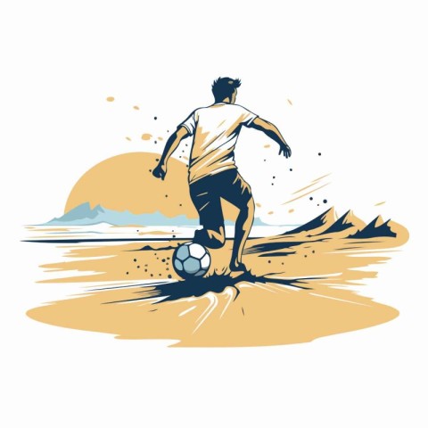 Soccer player kicking the ball on the beach. Vector illustration