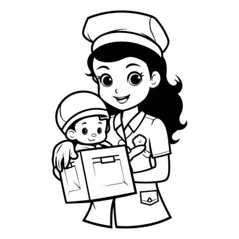 Black and White Cartoon Illustration of a Female Nurse Holding a