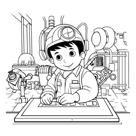 Black and white illustration of a boy in an astronaut suit worki