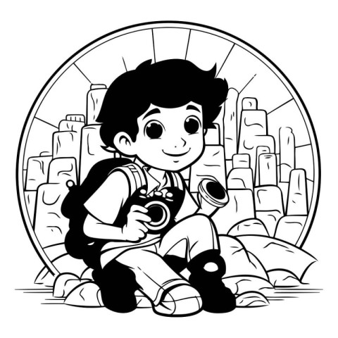 Black and White Cartoon Illustration of Kid Photographer with Ca