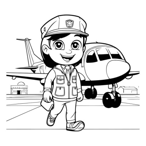 Cute Little Boy in Uniform with an Airplane - Coloring Book