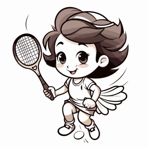 Cute little girl playing tennis with a racket. Vector illustrati