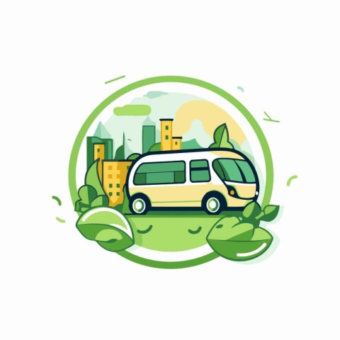 Vector illustration of a bus tour in the city. Green eco tourism