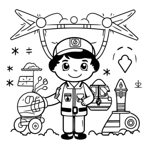 Coloring Page Outline Of a Kid Pilot With Globe. Airplane and Ro