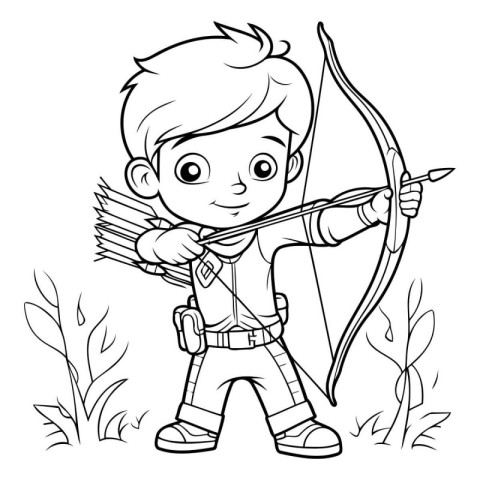 Cute boy with bow and arrow. Vector illustration for coloring bo