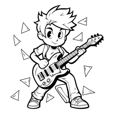 Boy playing electric guitar. Black and white vector illustration