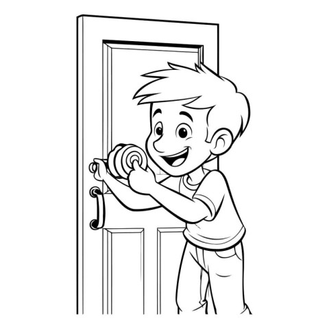 Vector illustration of Cartoon boy opening door. Black and white