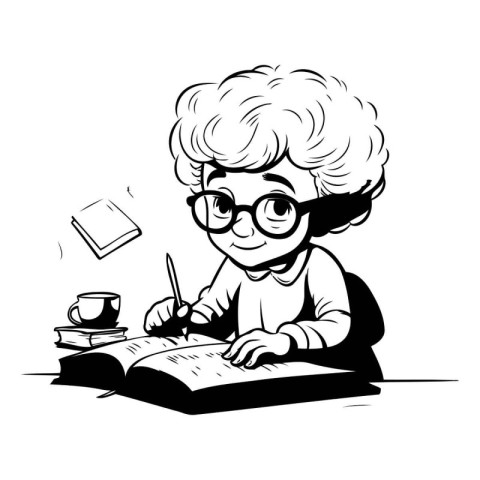 Cute Little Boy Studying - Black and White Cartoon Illustration